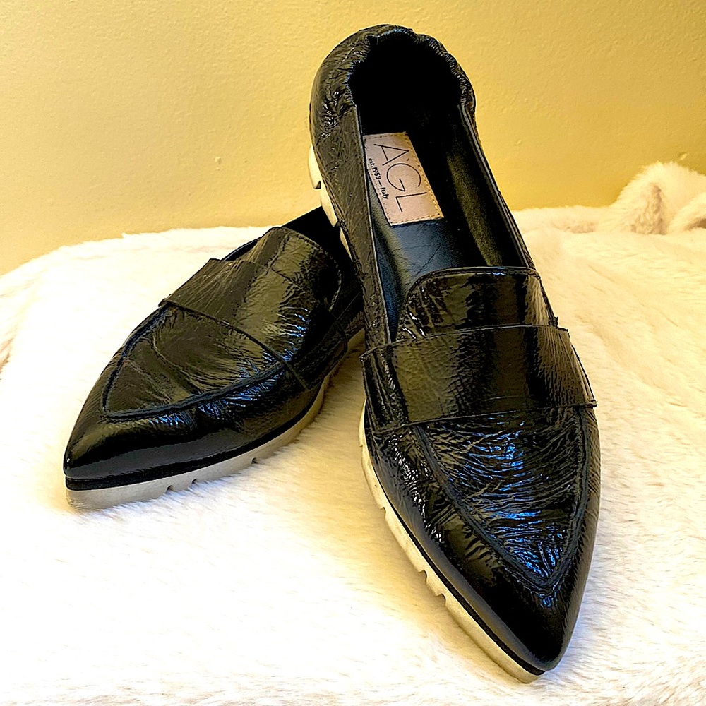 AGL Black Patent Leather Pointed Toe Loafers. Size 6.